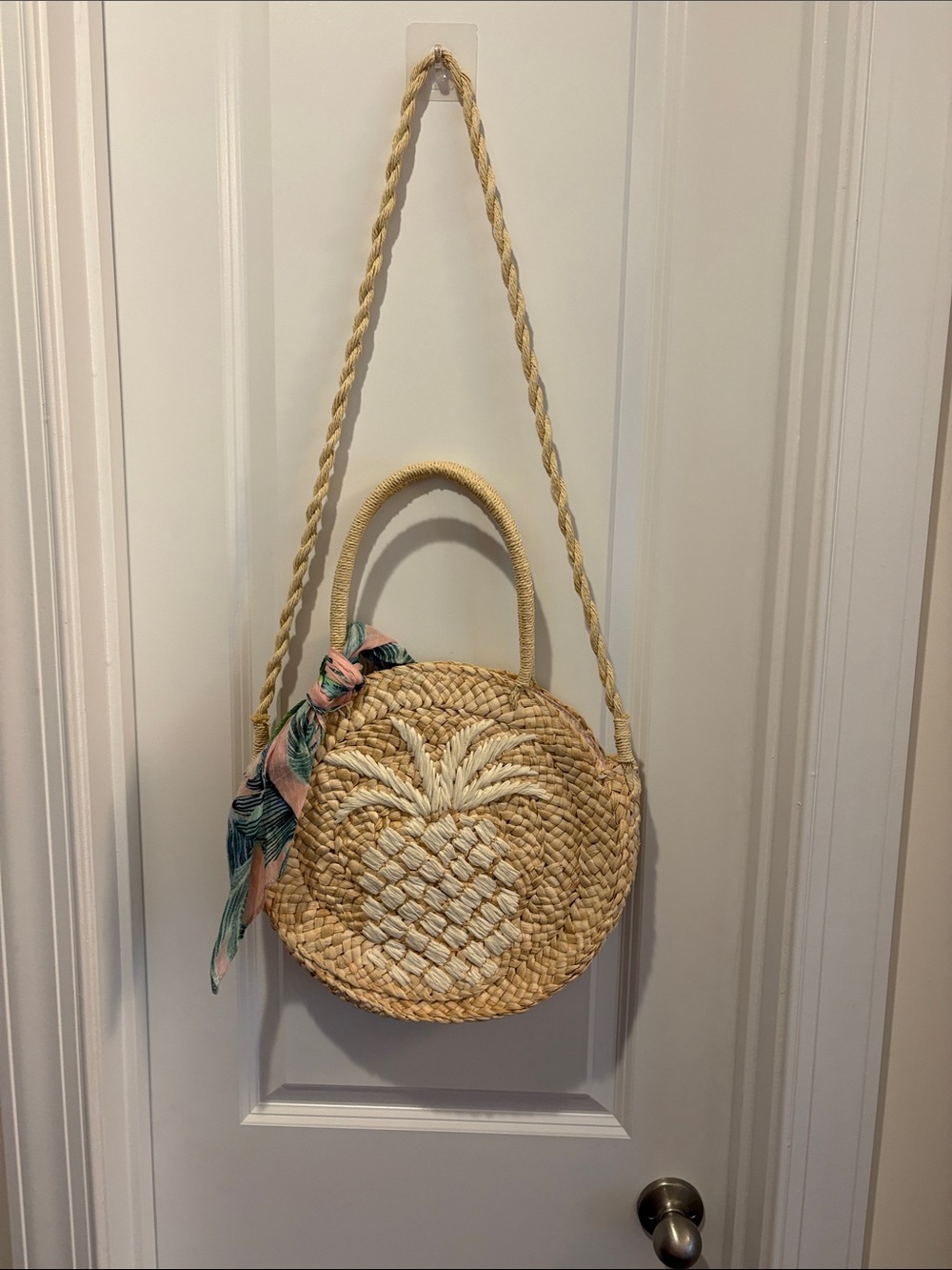 Spartina 449 Natural Straw Round Crossbody Bag with Pink & Green Scarf
